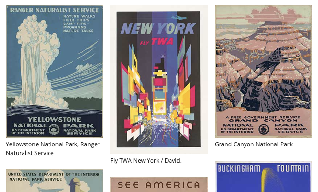 A screenshot showing a collection of historical travel posters from one of the Library of Congress' free-to-use collections.